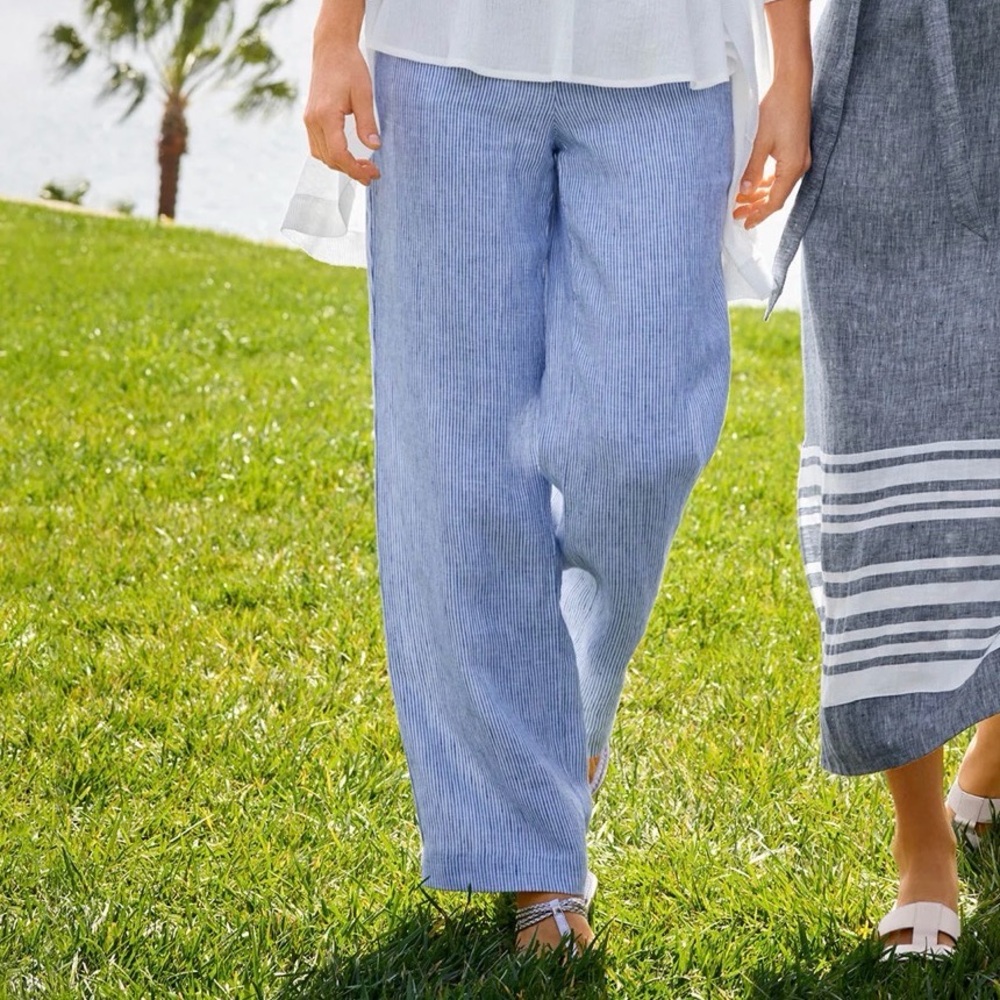 Talbots Linen Wide Leg Pants Blue‎ Stripe Size 14 Petite NWT